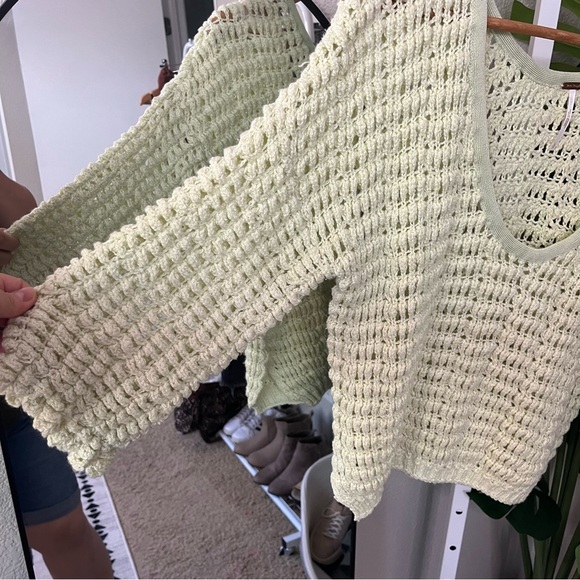 ✨ Free People Green Knit V-Neck Sweater S | Slouchy Boho Open Weave Pullover - Picture 4 of 5